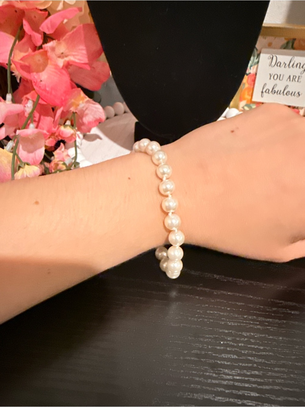 Vintage Faux Pearl Bracelet Gold Tone Filigree Clasp
